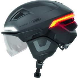   ABUS kerékpáros városi sisak HYP-E BL.ACE, In-Mold, beépített index funkcióval, féklámpával és átlátszó szemüveggel, volcano titan M (54-58 cm)