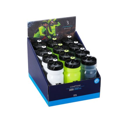 BBB Cycling kerékpáros kulacs display BWB-01D CompTank, 550 ml, fehér/fekete, neon sárga, átlátszó/fekete (12 db)
